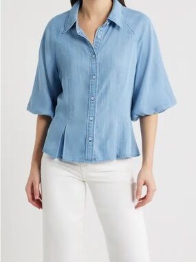 Wit and wisdom Light Blue Button-Down Peplum Shirt with Puff Sleeves